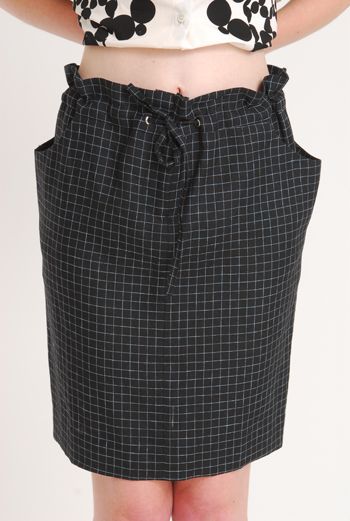 SS10 LINEN CHECK DRAWSTRING SKIRT - BLACK